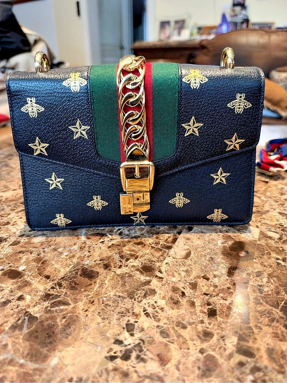 Gucci Sylvie Bee Star Small Shoulder Bag Blue & Green